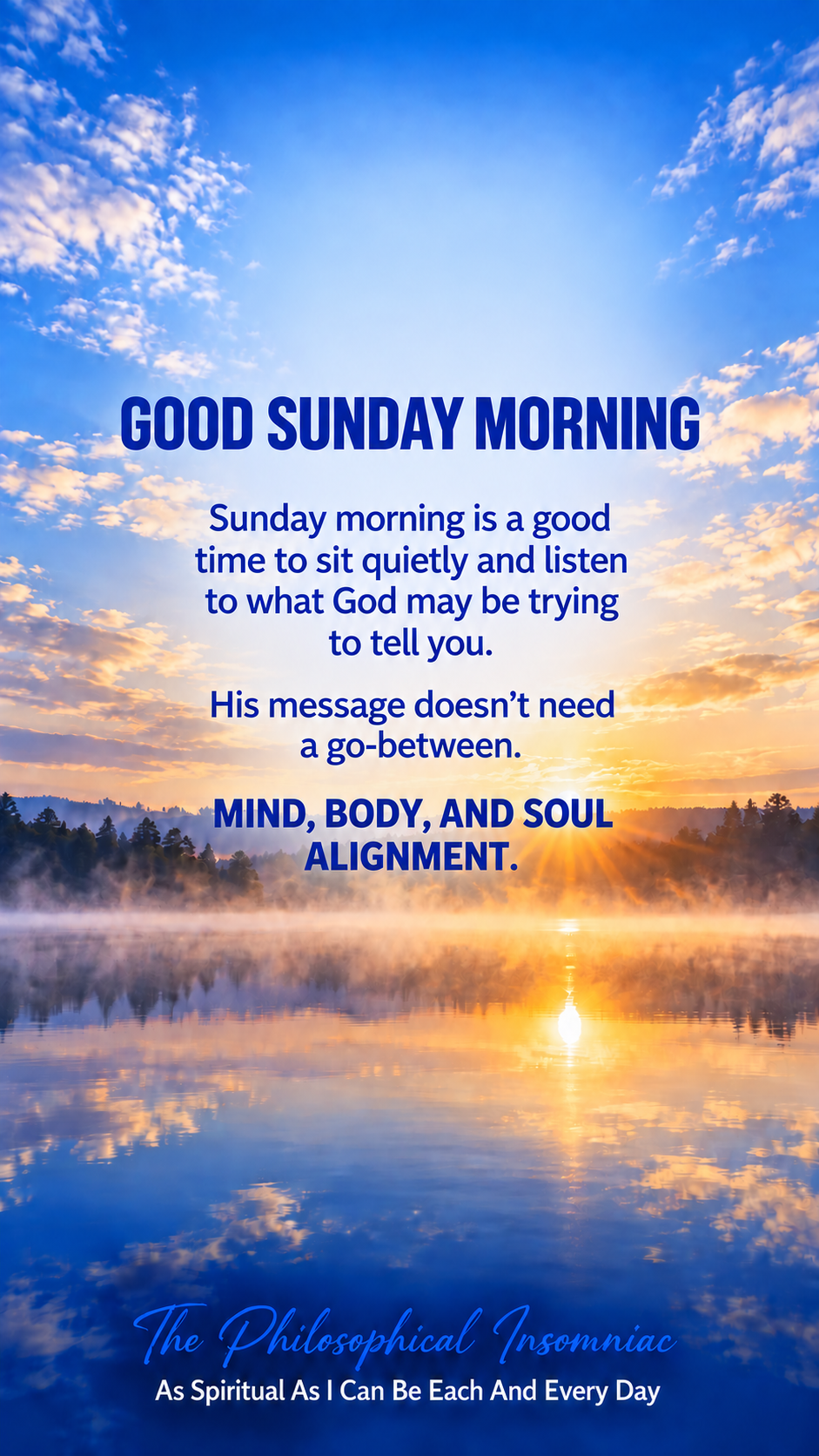 A serene royal blue and golden lake beneath a Good Sunday Morning reflection.