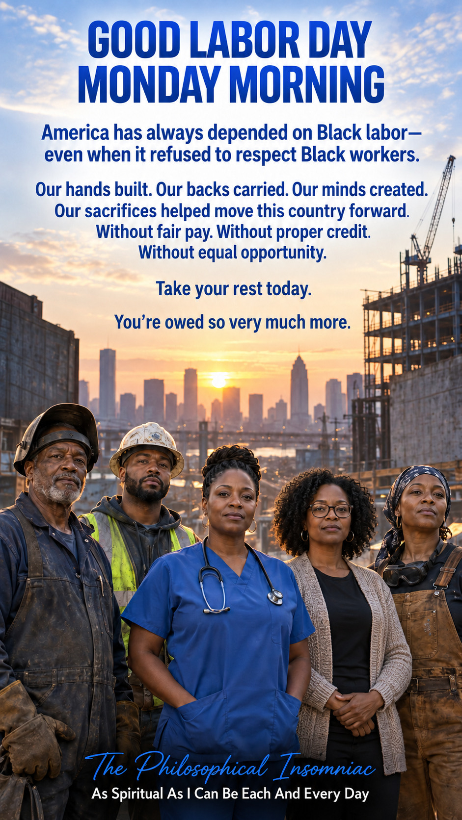 Black workers from several professions standing together beneath a Labor Day morning message.