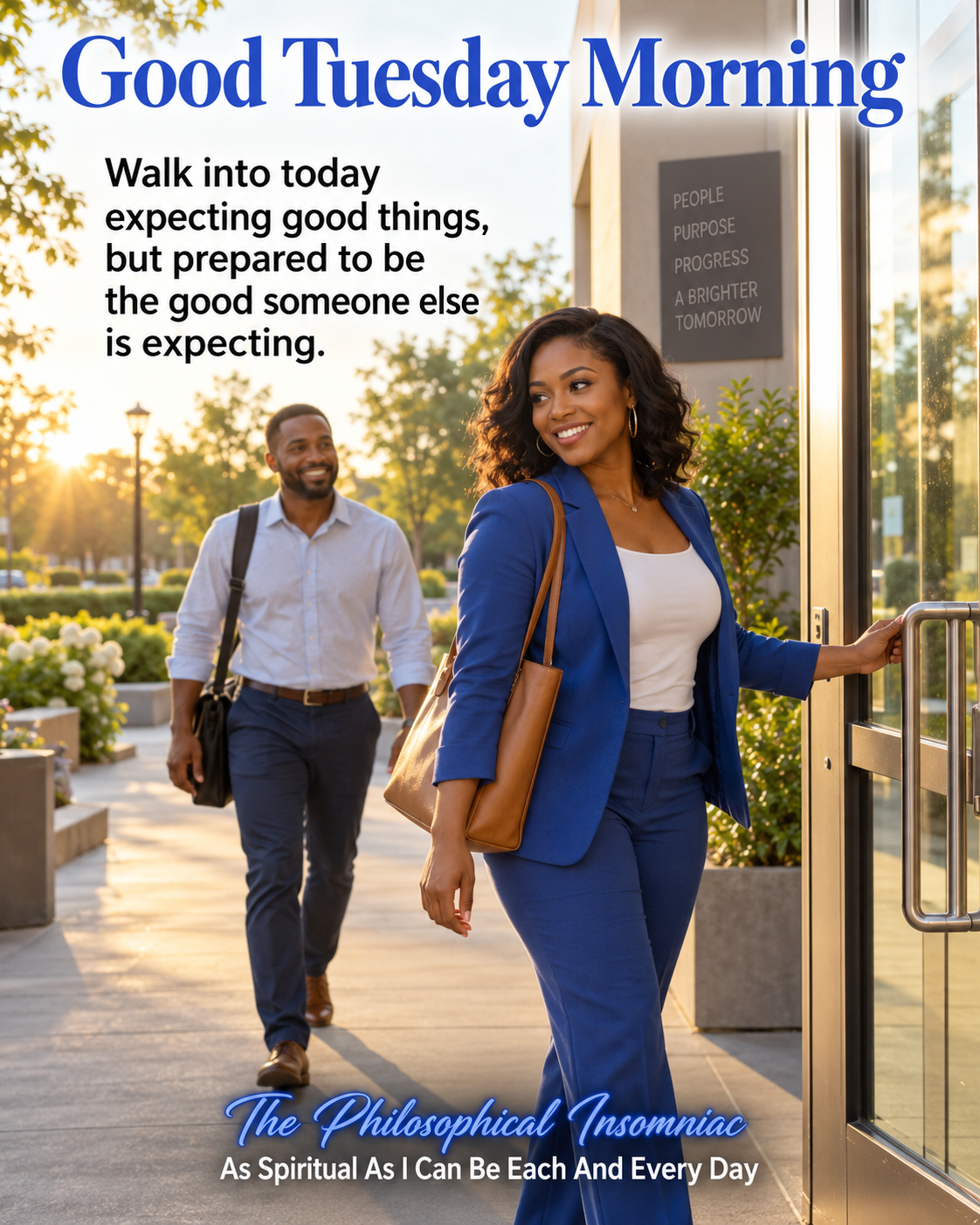 A Black woman in royal blue holding a door as another person approaches on a bright morning.