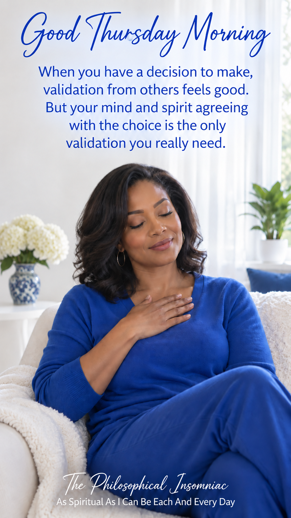 A Black woman dressed in royal blue sitting peacefully as the Thursday morning reflection appears beside her.