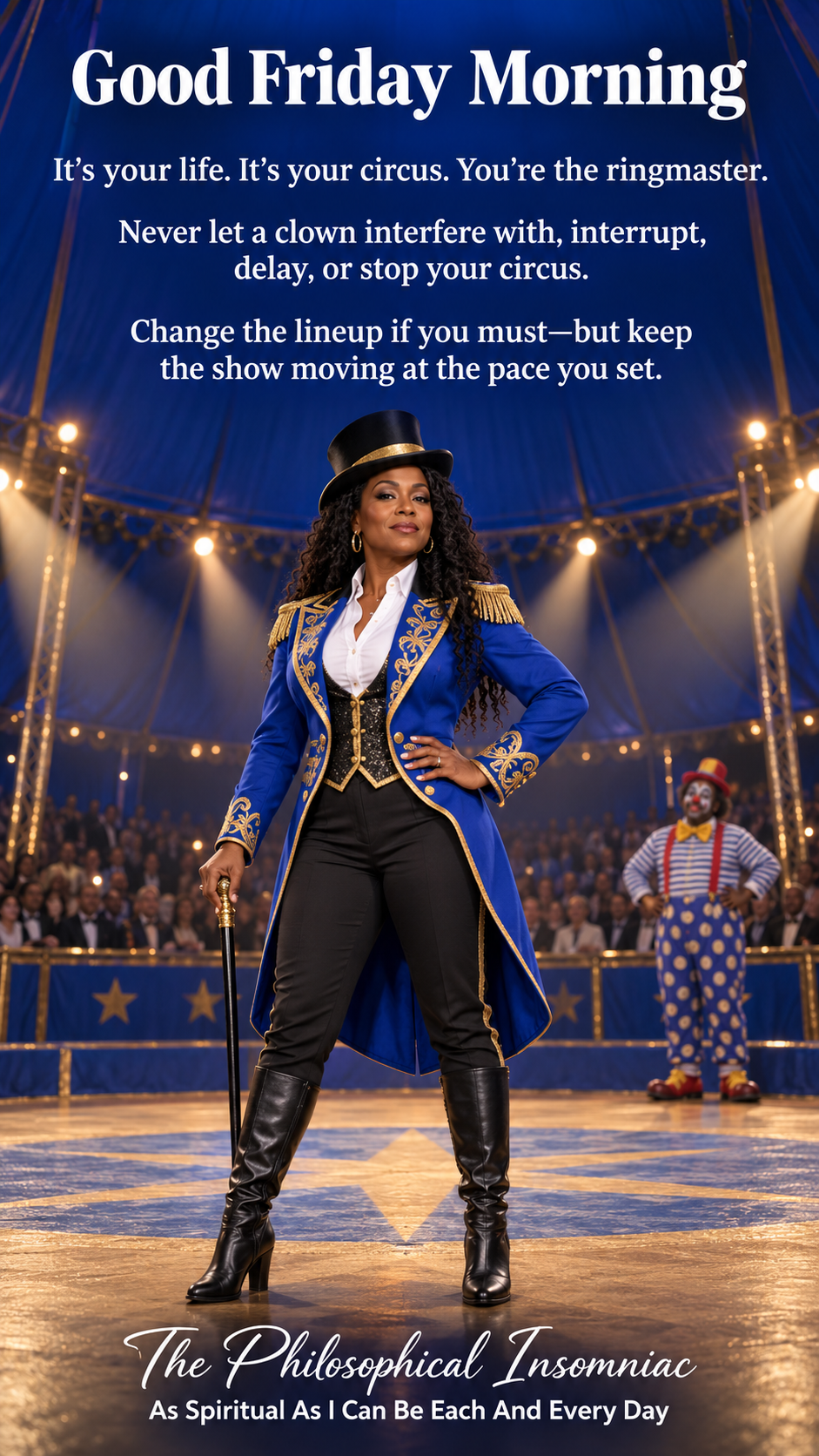 A Black woman ringmaster standing confidently inside a royal blue circus tent with the Friday morning reflection.