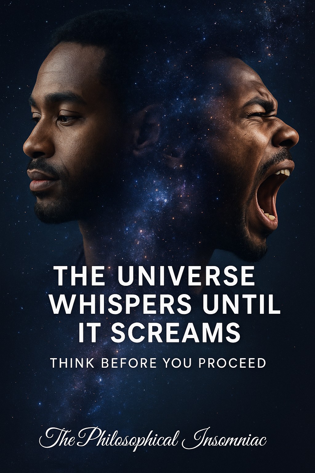 The Universe Whispers Until It Screams — The Philosophical Insomniac graphic.